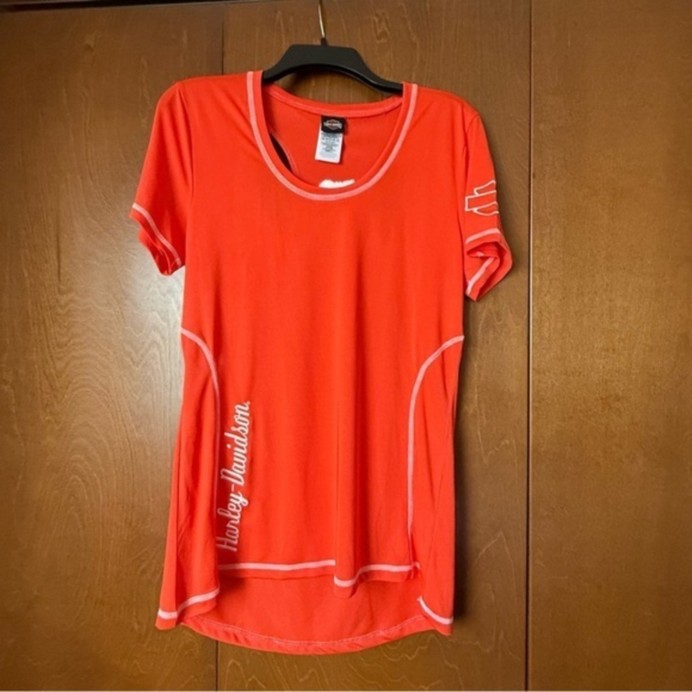 Harley Davidson Orange and White Athletic Shirt Sleeve Tee. Racer Back NWOT Sz L